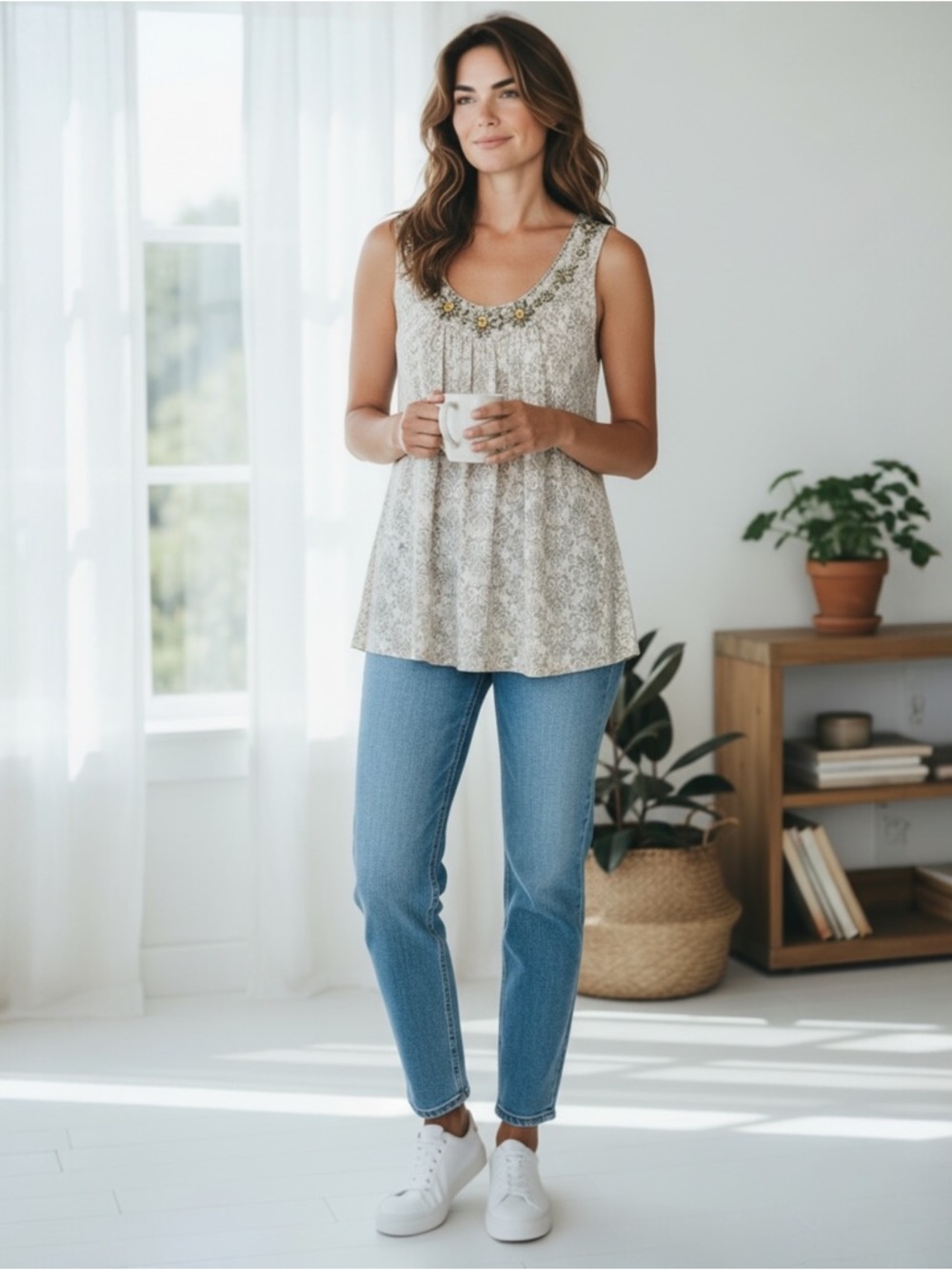 Cynthia Rowley Beige Patterned Top with Gold Embellishments